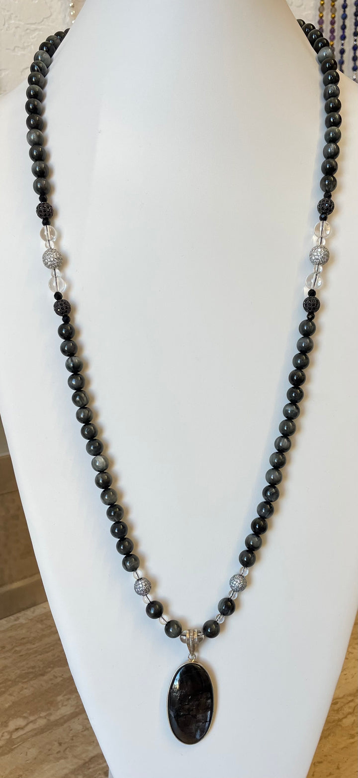 Eagle Eye Mala with Hypersthene pendant from Tara Kaur