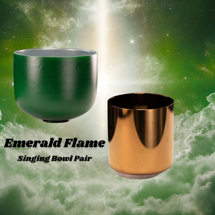 Two singing bowls, one green and one gold, against a cosmic background with 'Emerald Flame Singing Bowl Pair' text.
