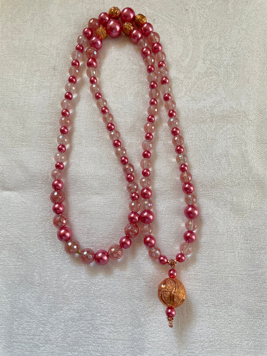 Faceted Pink Agate & Pearl Mala