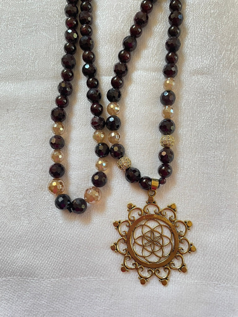 Garnet Mala with Seed of Life Sacred Geometry pendant