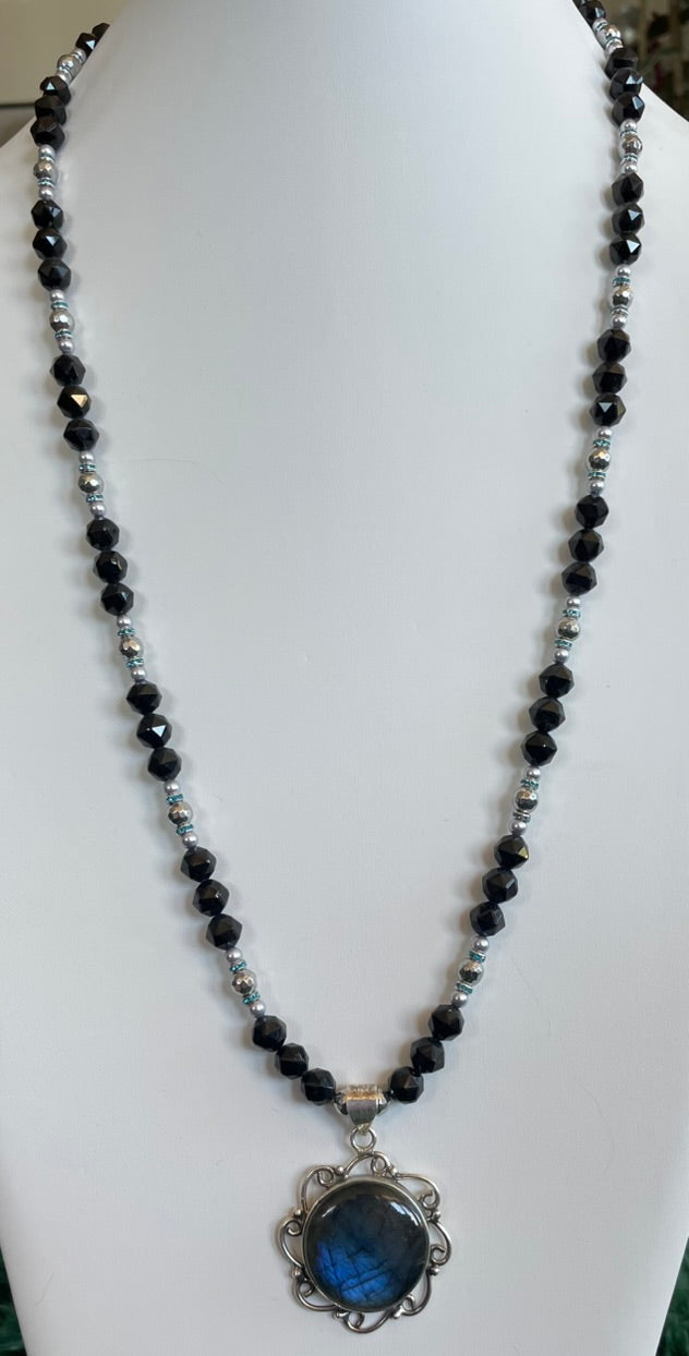 Long Black Tourmaline Necklace with Labradorite pendant, made by Tara Kaur