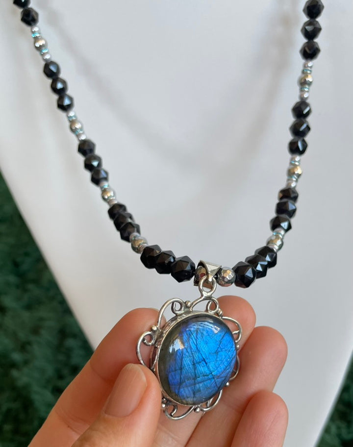 Long Black Tourmaline Necklace with Labradorite pendant, made by Tara Kaur