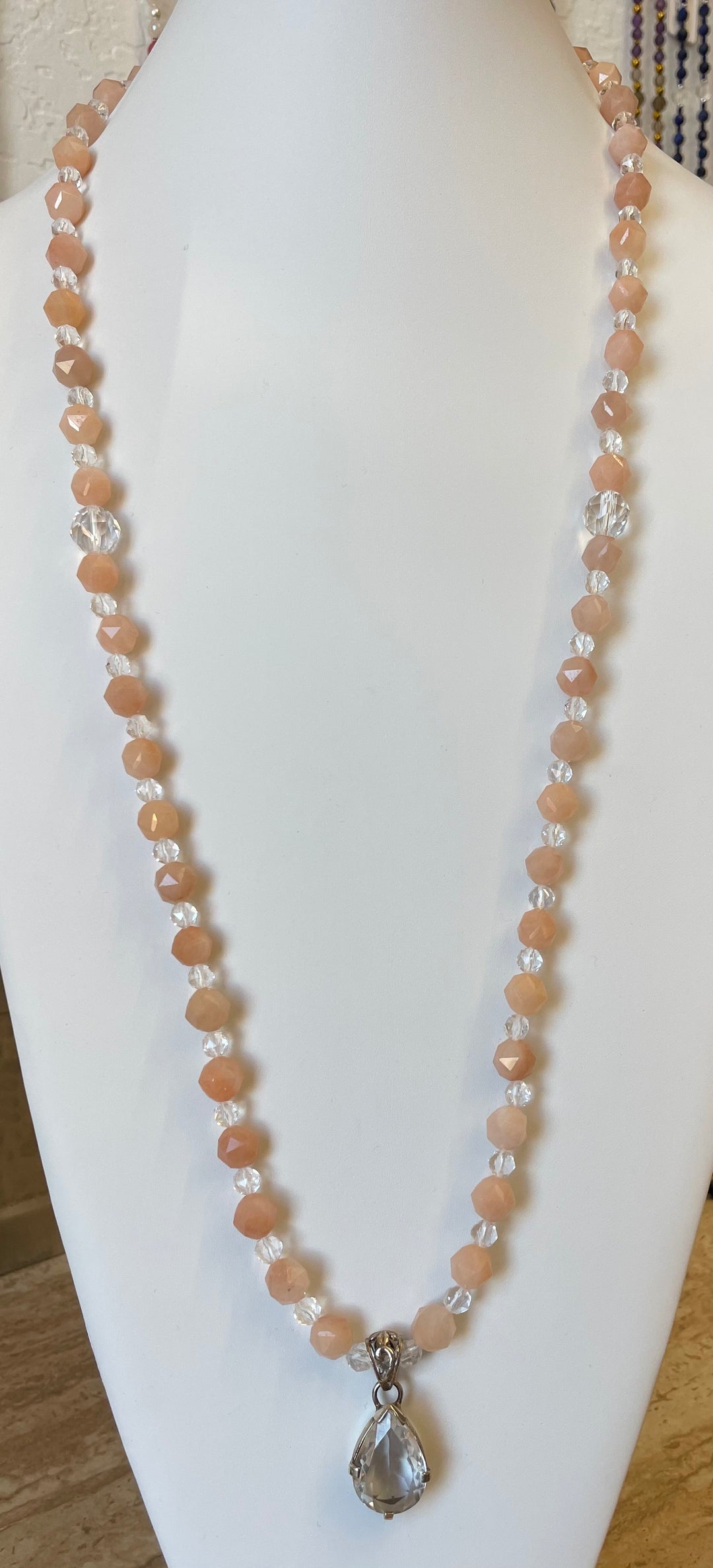 Orange Aventurine & Clear Quartz Mala with Clear Quartz pendant made by Tara Kaur