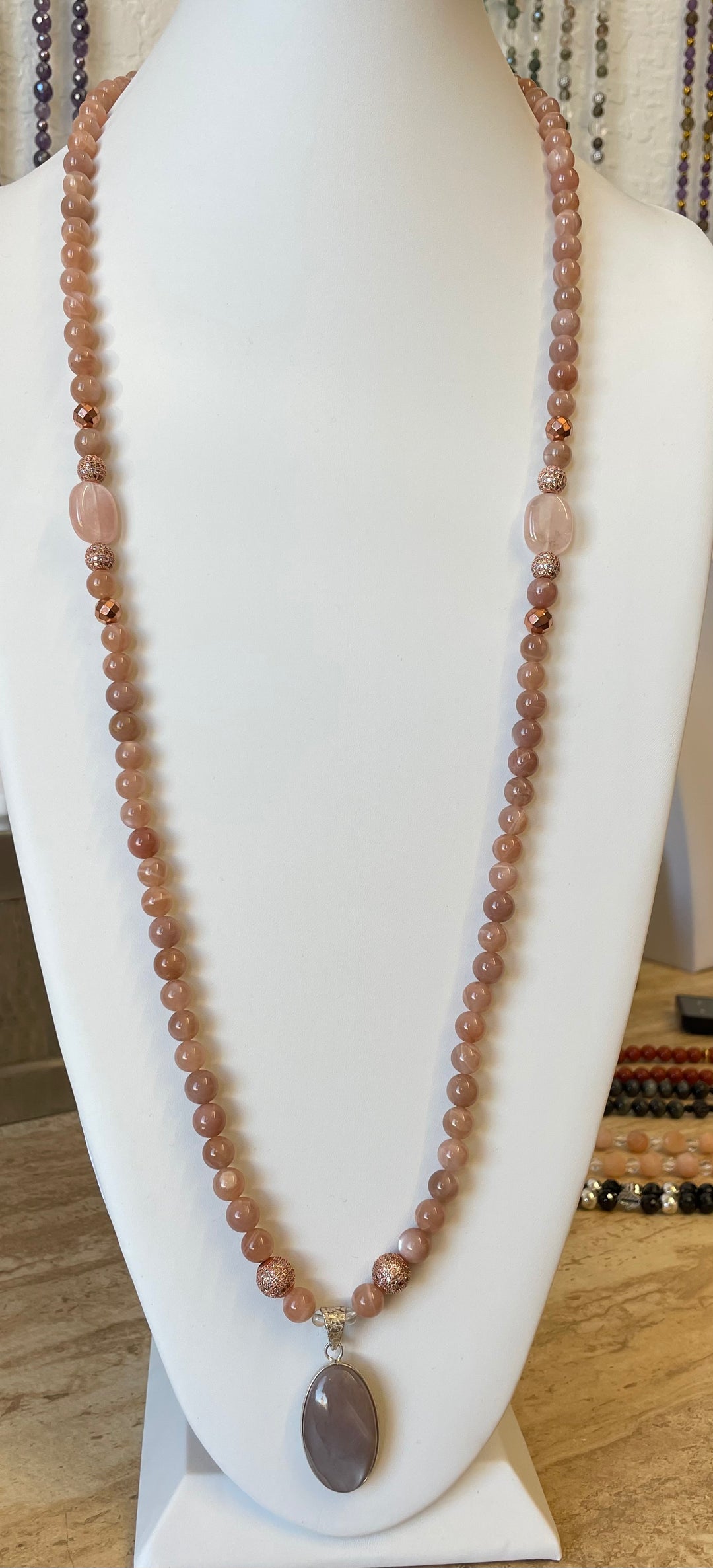 Peach Moonstone Mala made by Tara Kaur