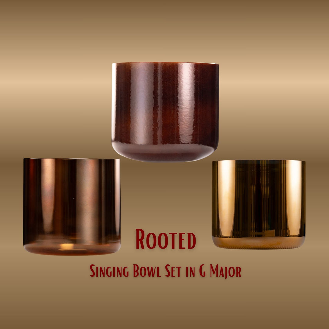 Set of three singing bowls with 'Rooted' and 'Singing Bowl Set in G Major' text on a beige background