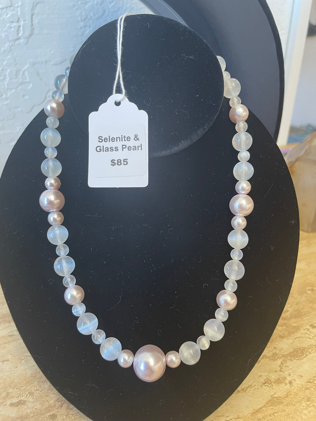 Selenite and Glass Pearl necklace made by Tara Kaur