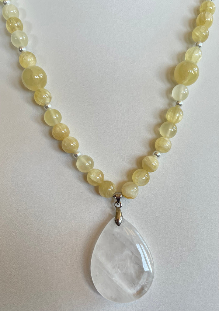 Yellow Calcite Mala with Clear Quartz pendant, made by Tara Kaur
