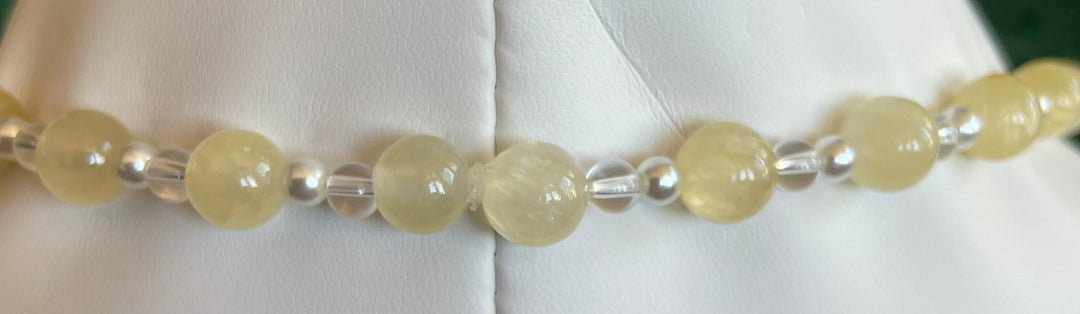 Yellow Calcite Mala with Clear Quartz pendant, made by Tara Kaur