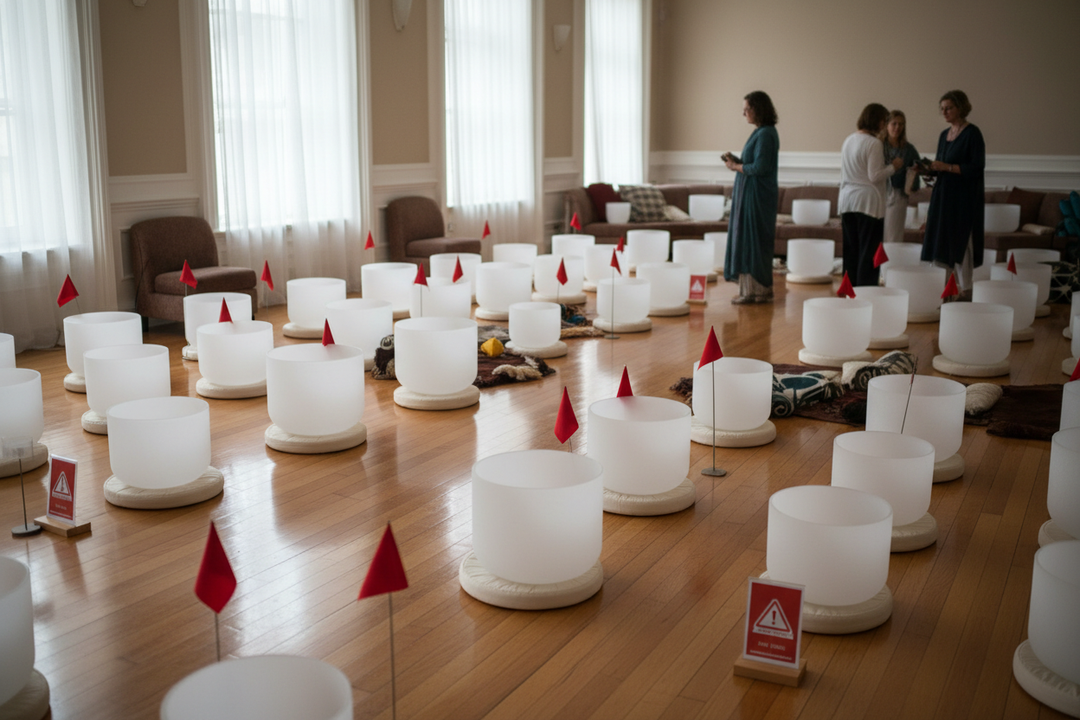 Large room filled with crystal singing bowls and something to indicate "red flags" for buyers