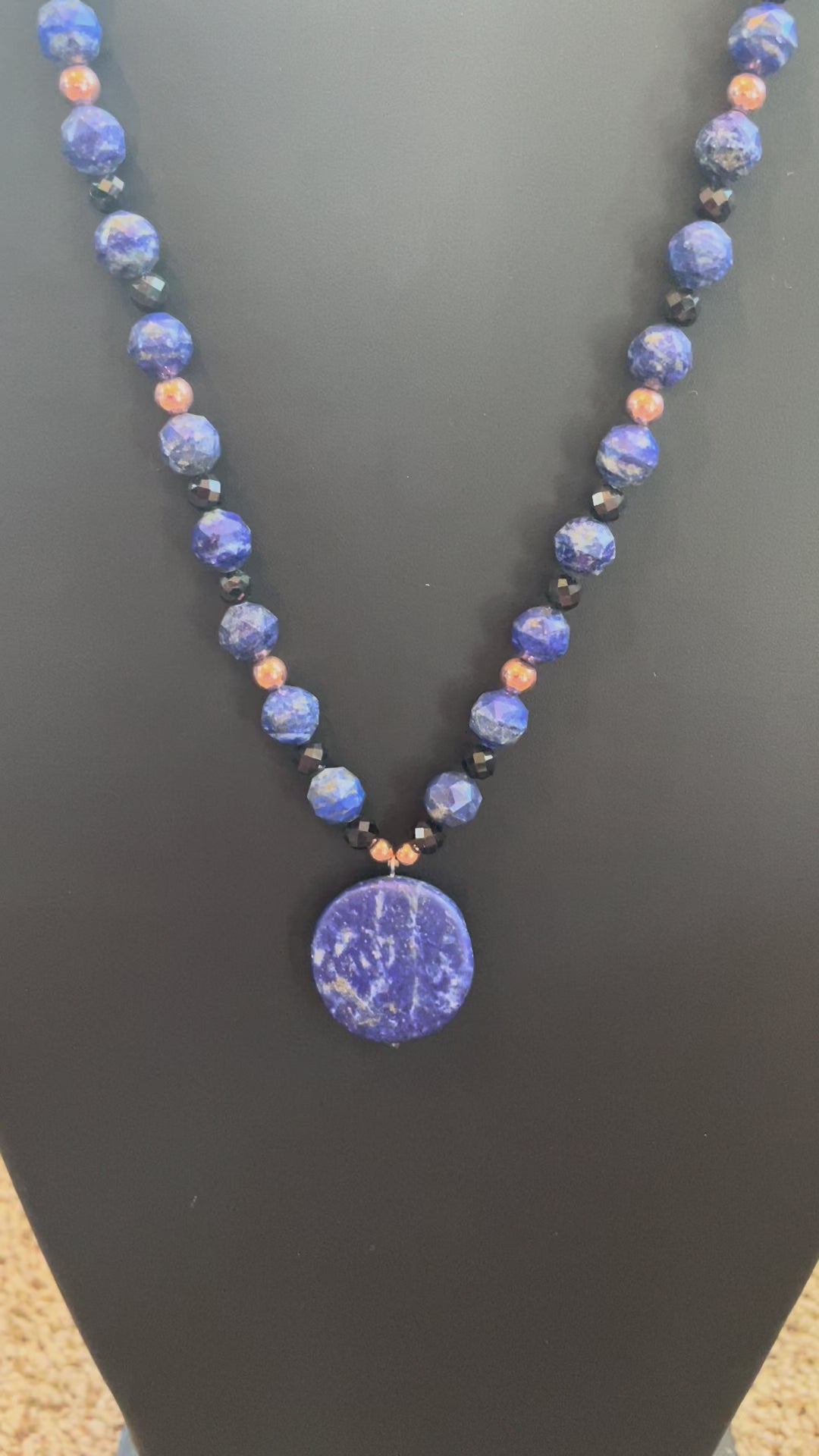 Faceted Lapis & Black Tourmaline Mala with Lapis pendant