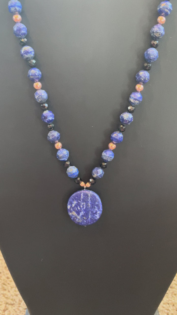 Faceted Lapis & Black Tourmaline Mala with Lapis pendant
