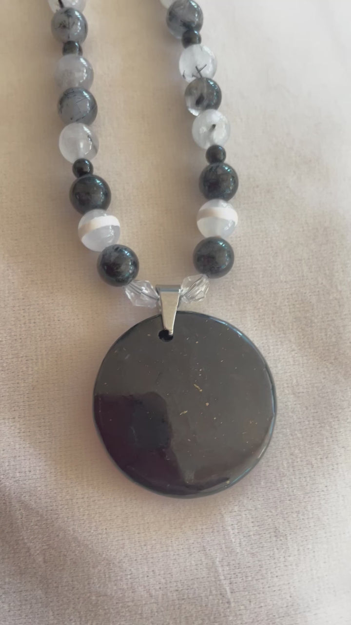 Tourmalinated Quartz Necklace with Shungite pendant