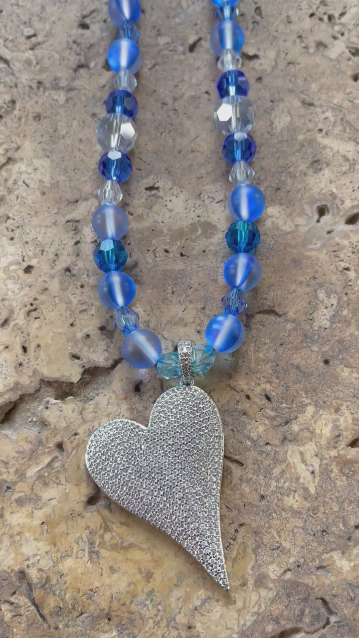 Blue Beaded Necklace with Heart pendant